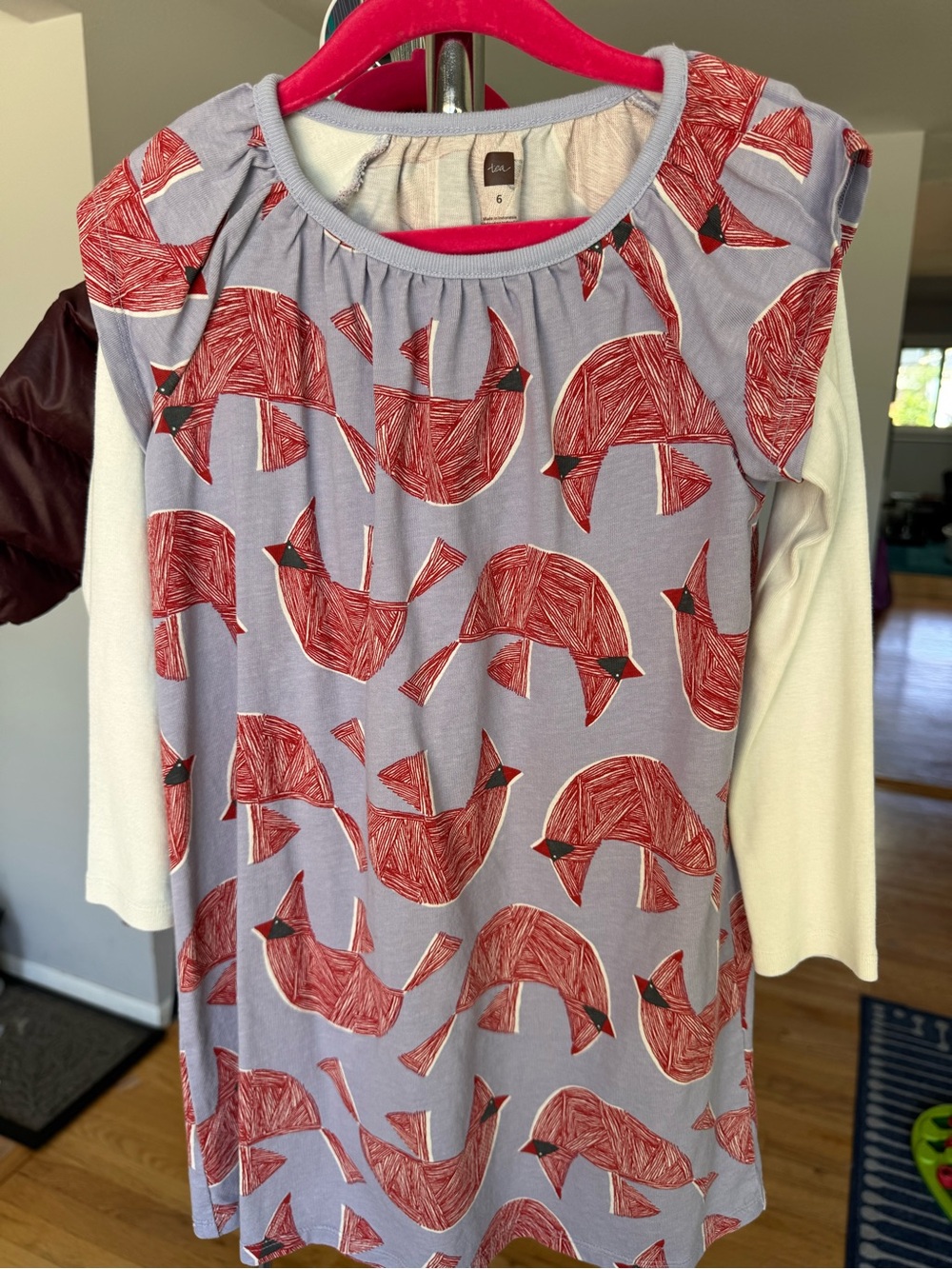 Tea Collection Lavender Dress with Red Bird Print and Cream Sleeves